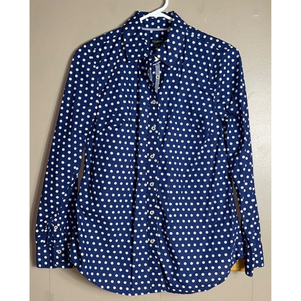 Talbots Blue Polka Dot Shirt Button Up Cotton Blouse Career Preppy Layer Women S - Picture 9 of 9